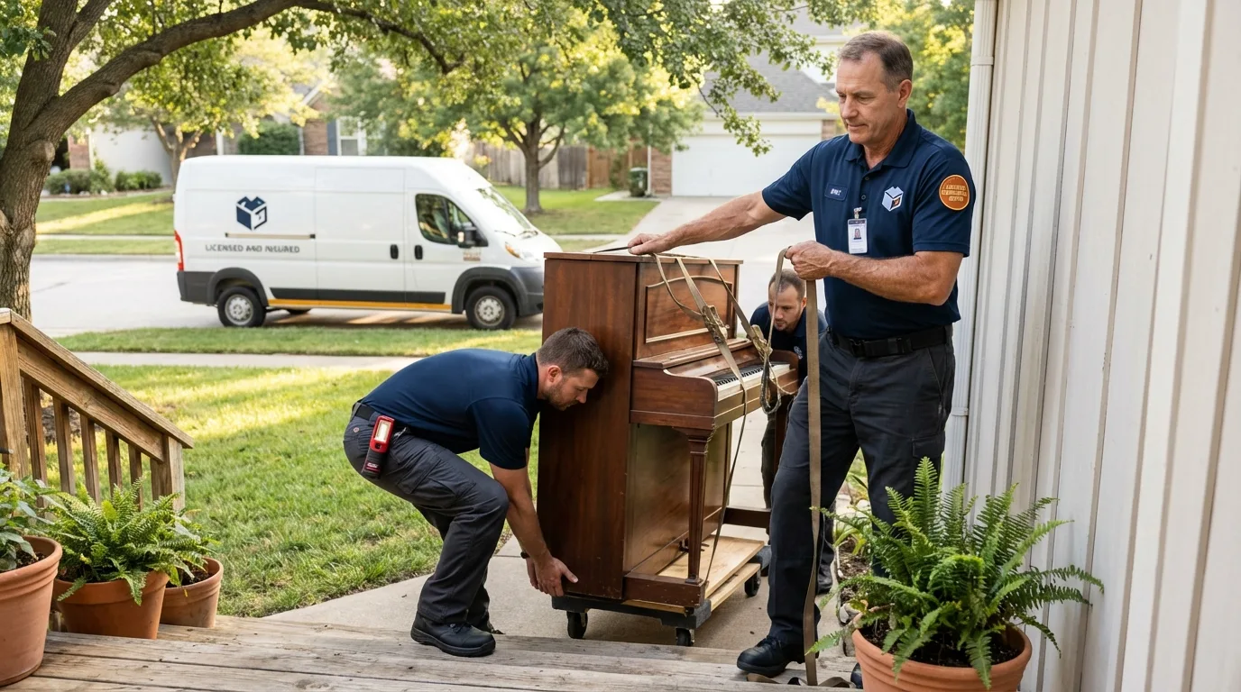 Licensed piano movers securing grand piano in Breinigsville, PA