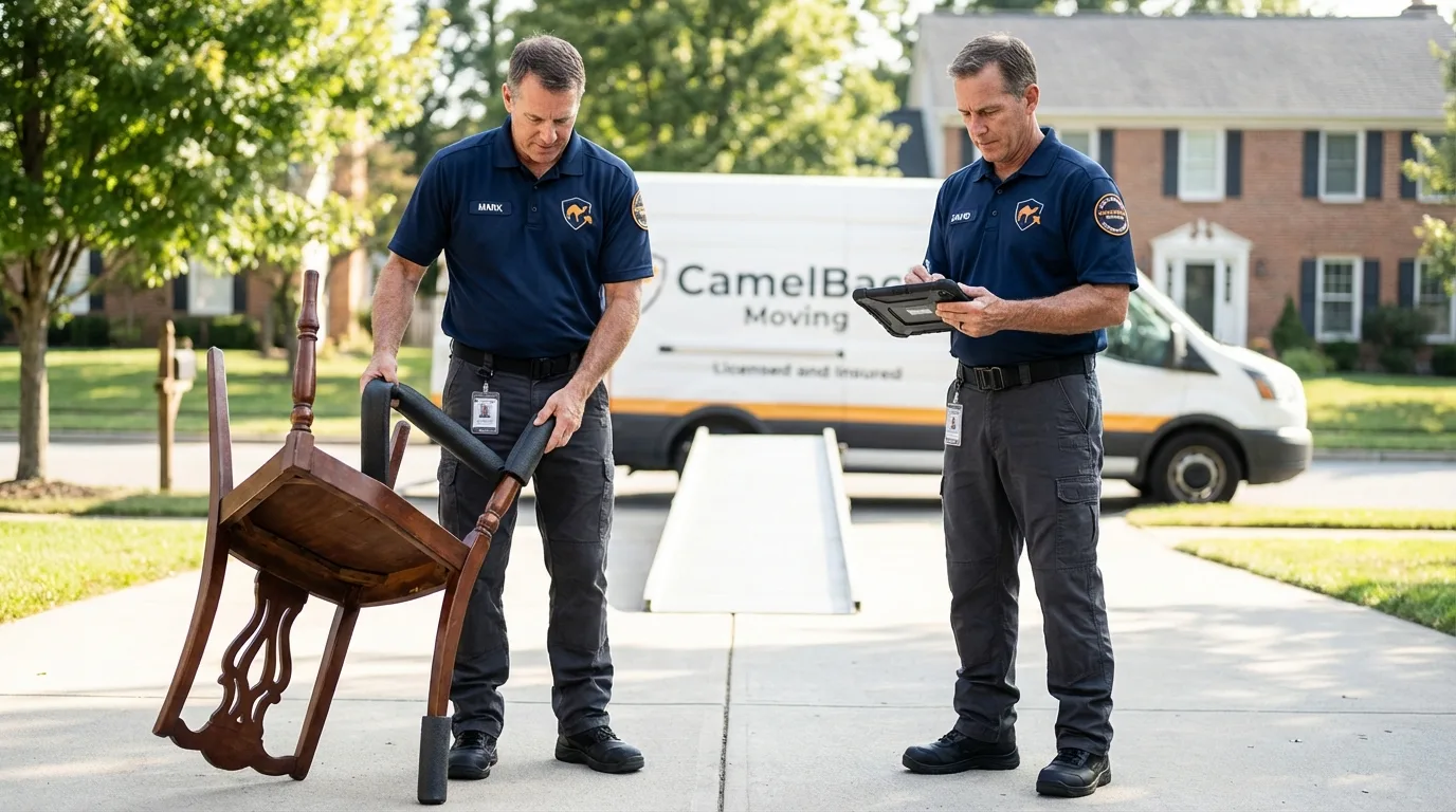 Movers inspecting furniture for damage prevention before loading in Breinigsville, PA