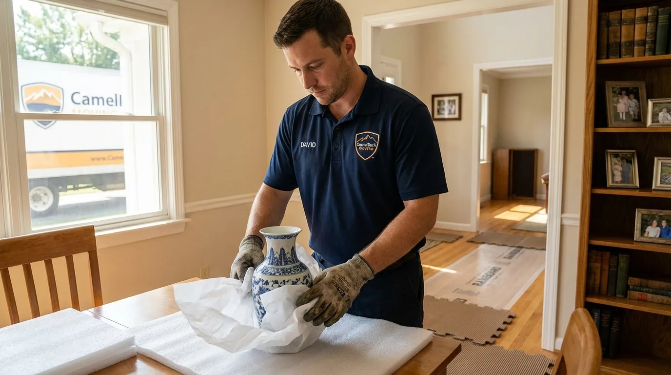 Professional crew carefully wrapping antique vase for senior downsizing move in Breinigsville, PA